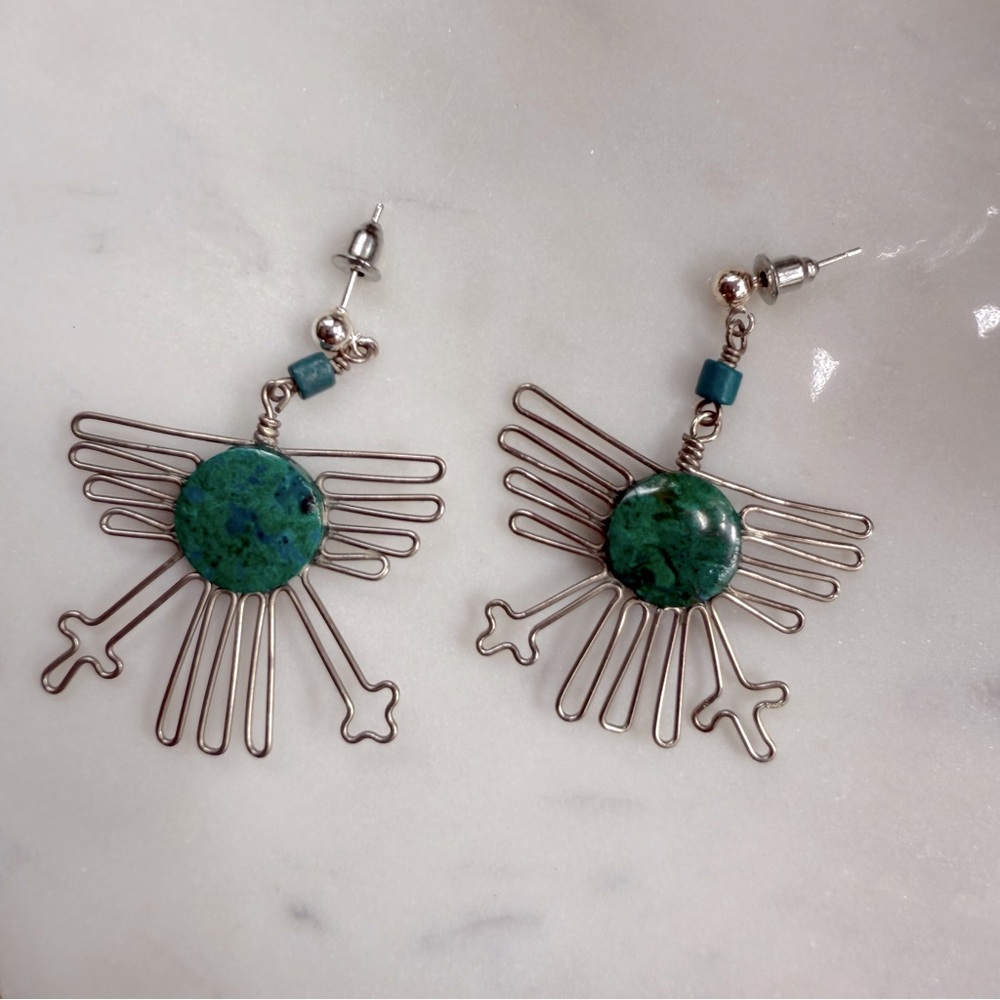 Silver and Turquoise Color Bird Earrings with Intricate Metalwork